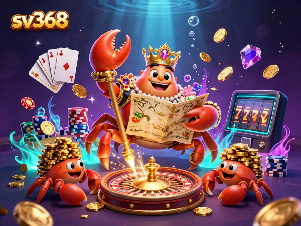 Engage with sv368's vibrant world of online gaming featuring a golden crab emperor among treasures and casino elements.