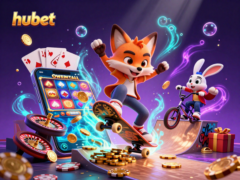 Experience the thrill of hubet as a skateboarder fox performs tricks amidst vibrant casino elements.