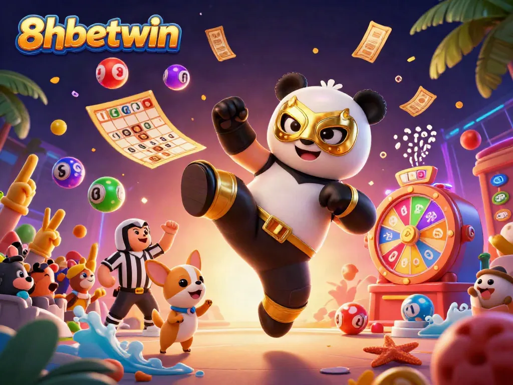 8xbetwin features an exciting cartoon scene of a panda wrestler and chihuahua referee amidst vibrant casino elements.