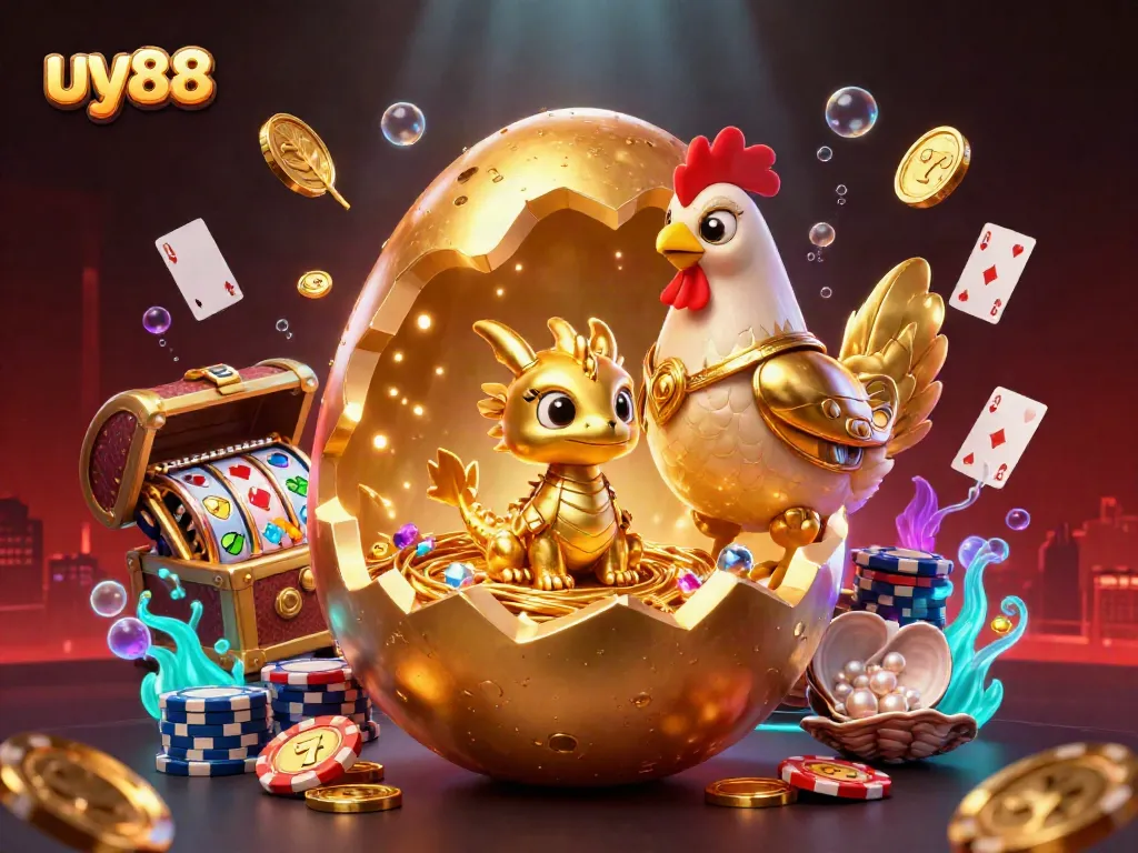 Experience winning potential with uy88's dazzling baby golden dragon among shimmering poker chips.