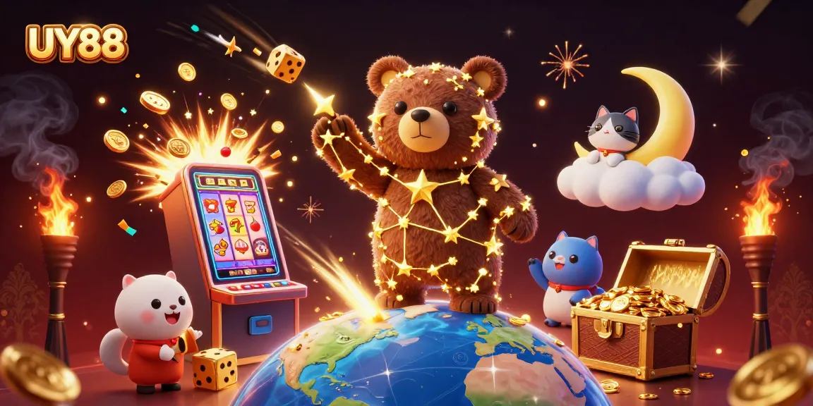 Spin the reels with UY88 in this vibrant 3D casino scene featuring dynamic jackpot elements.