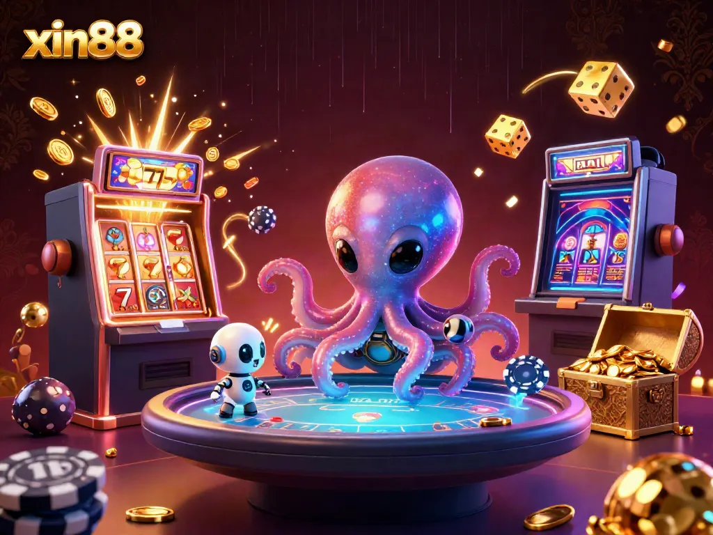 Experience exciting gambling action at xin88 with a vibrant alien octopus and glowing casino elements.