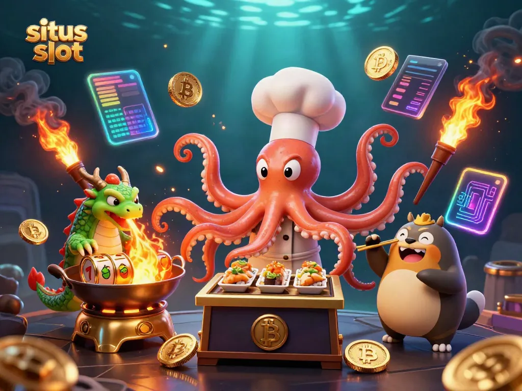Engage with the dynamic scene of situs slot excitement featuring a chef octopus and a fiery dragon.