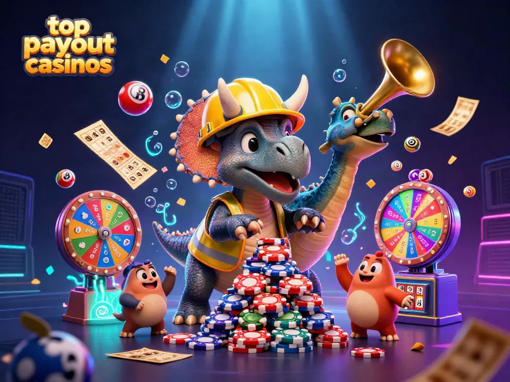 Engaging illustration of top payout casinos featuring cheerful dinosaurs and dynamic game elements.