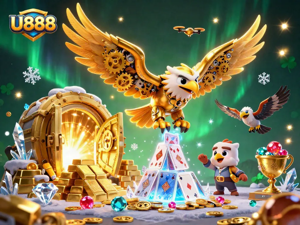 U888 showcases an enticing casino scene with a golden eagle diving through holographic cards, surrounded by treasures.