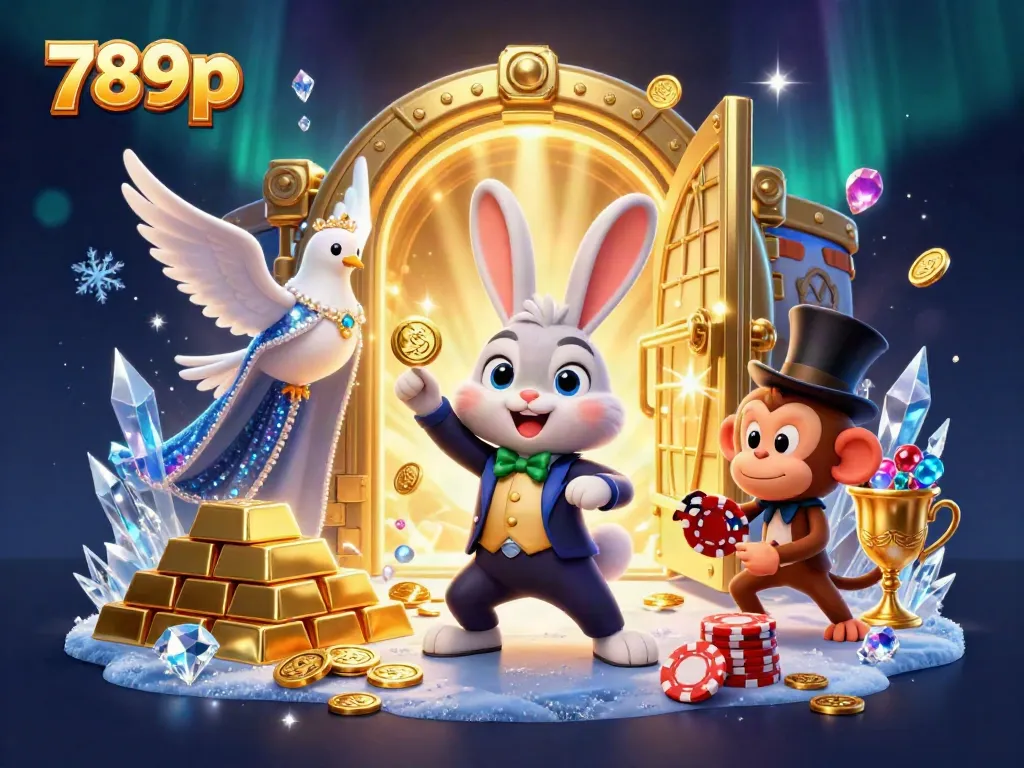Experience magical winnings at 789p with a playful scene of a rabbit, dove, and monkey among casino treasures.