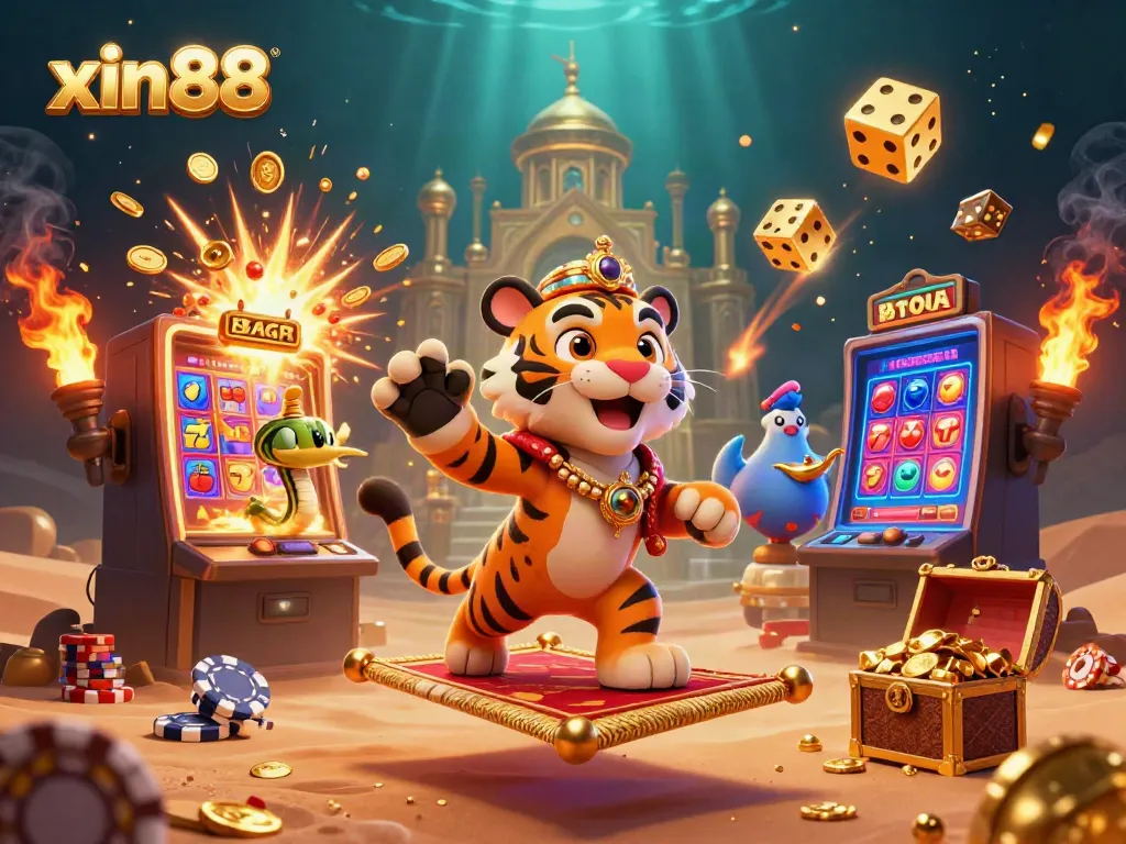 Experience excitement at xin88 with a vibrant 3D casino scene depicting a tiger sultan amidst gaming symbols and treasures.