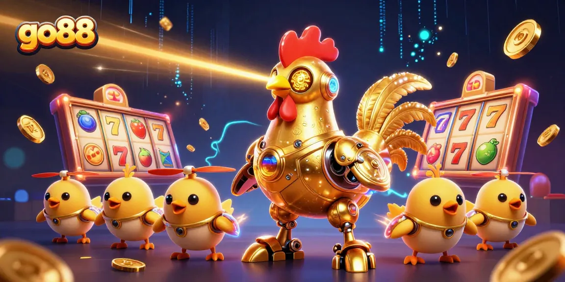 Engage in thrilling slot action at go88 with a futuristic golden rooster and baby chick drones.