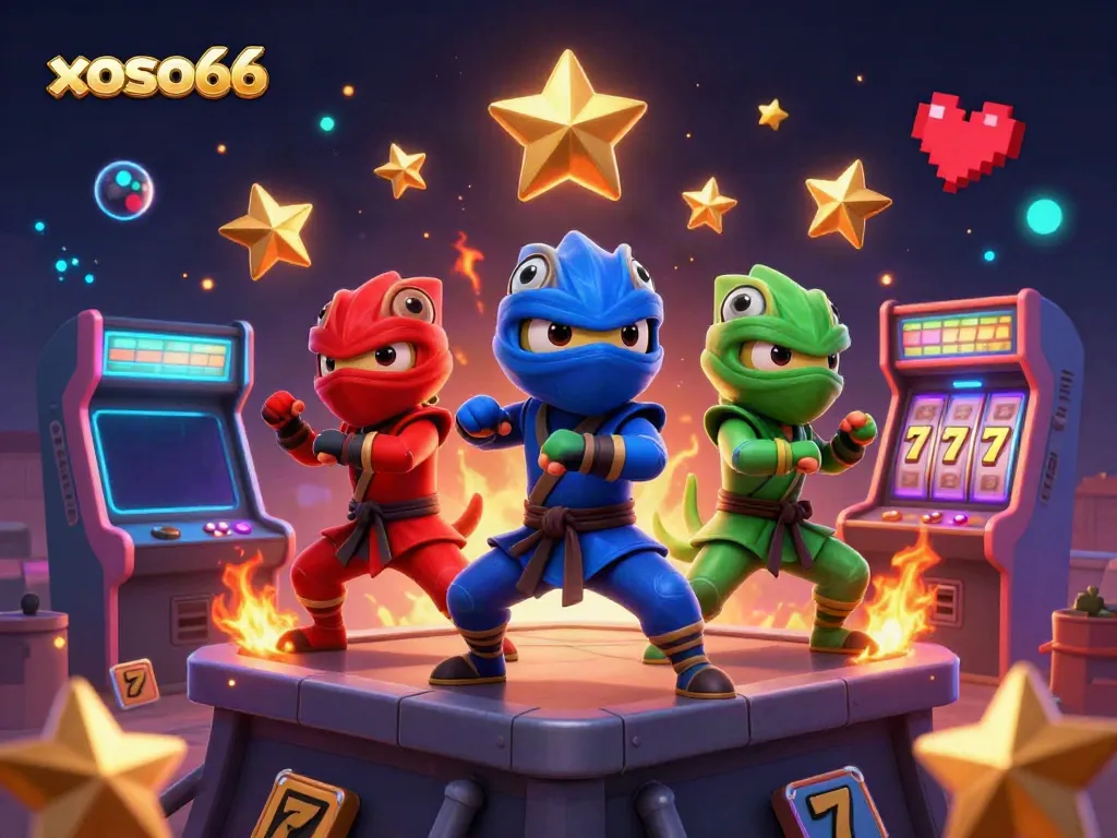 Experience the excitement of xoso66 with colorful ninja chameleons showcasing winning slots in a vibrant casino scene.