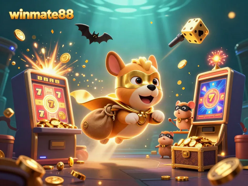 Experience thrilling wins at winmate88, featuring a superhero dog delivering gold amidst dynamic casino symbols.