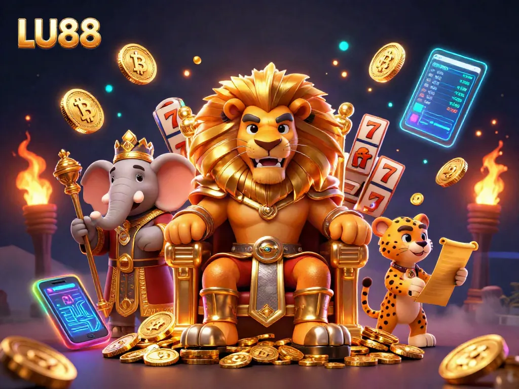 LU88 engages players with vibrant slots, highlighted by a majestic lion king in a rich casino setting.