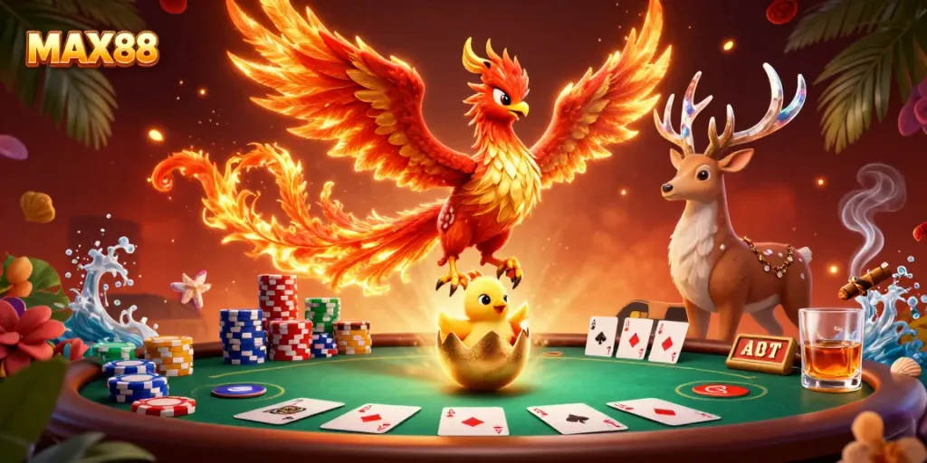 Experience thrilling gameplay at MAX88 with vibrant characters in a dynamic casino atmosphere.