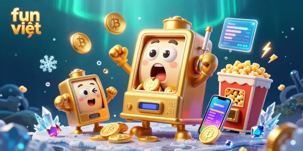 Enjoy the fun việt experience with vibrant slot machines hitting jackpots amidst a colorful casino scene.