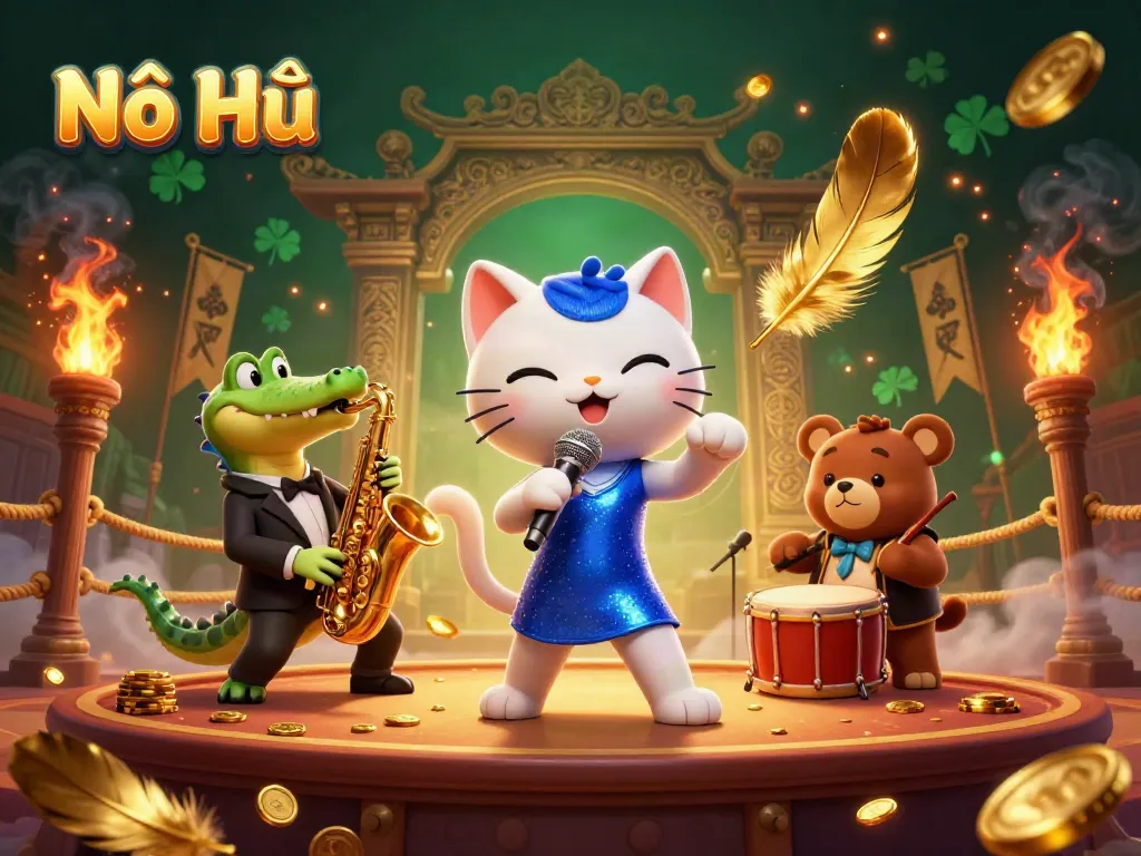 Experience Nổ Hũ excitement with a 3D jazz-singer cat, crocodile, and bear in animated casino scene.