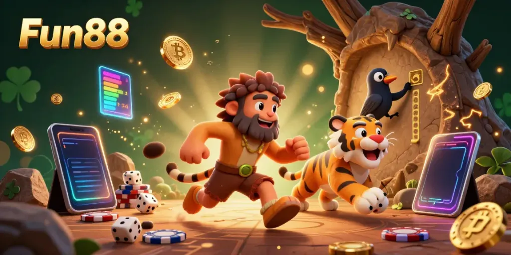 Experience the thrills of Fun88 with a dynamic 3D illustration of a prehistoric casino featuring a caveman, sabertooth tiger, and crypto elements.