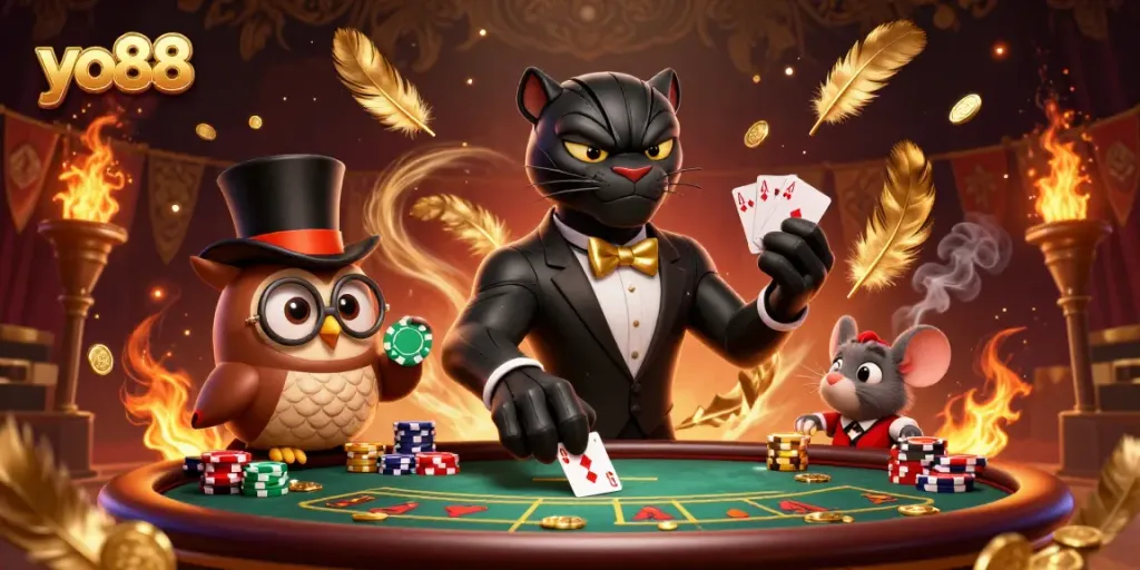 Experience thrilling action with yo88 as a tuxedo-clad panther deals cards and wins big at the casino