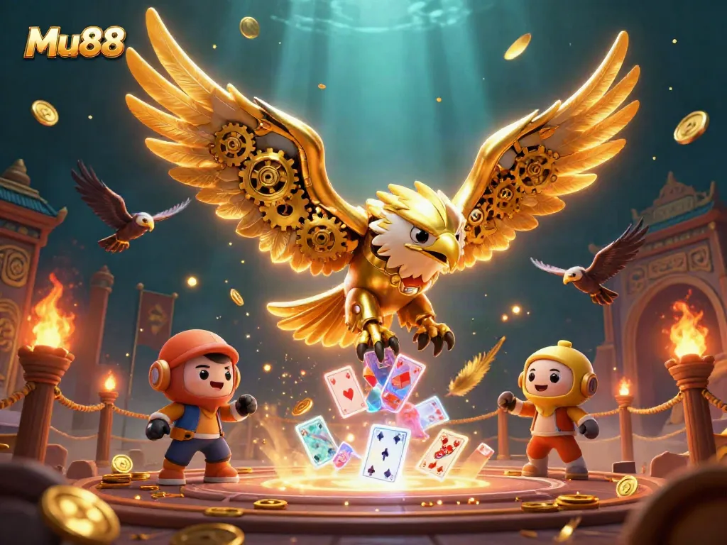 Mu88 features a cybernetic eagle swooping through holographic cards, symbolizing thrilling online gaming experiences.