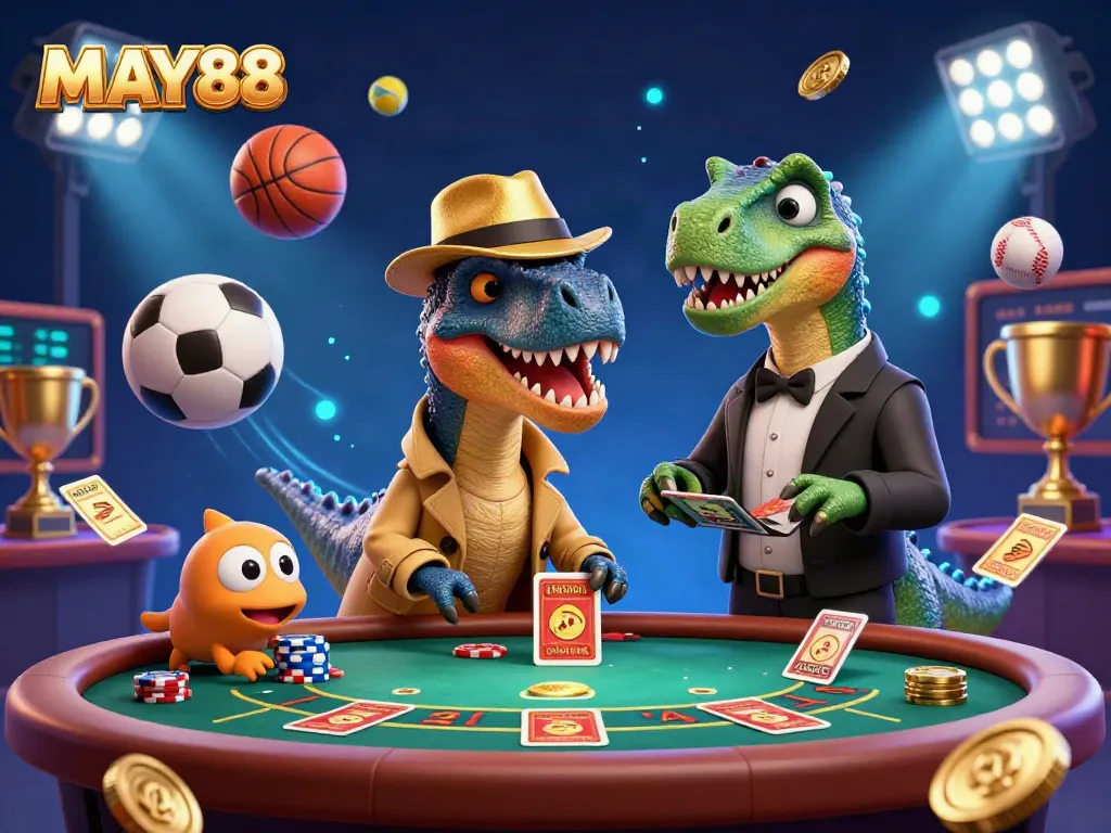 Engage with MAY88's vibrant casino scene as a velociraptor card counter and others create a thrilling atmosphere.