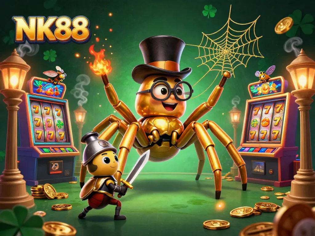Spin the reels with NK88, featuring vibrant slot machines and dynamic characters in a colorful casino scene.