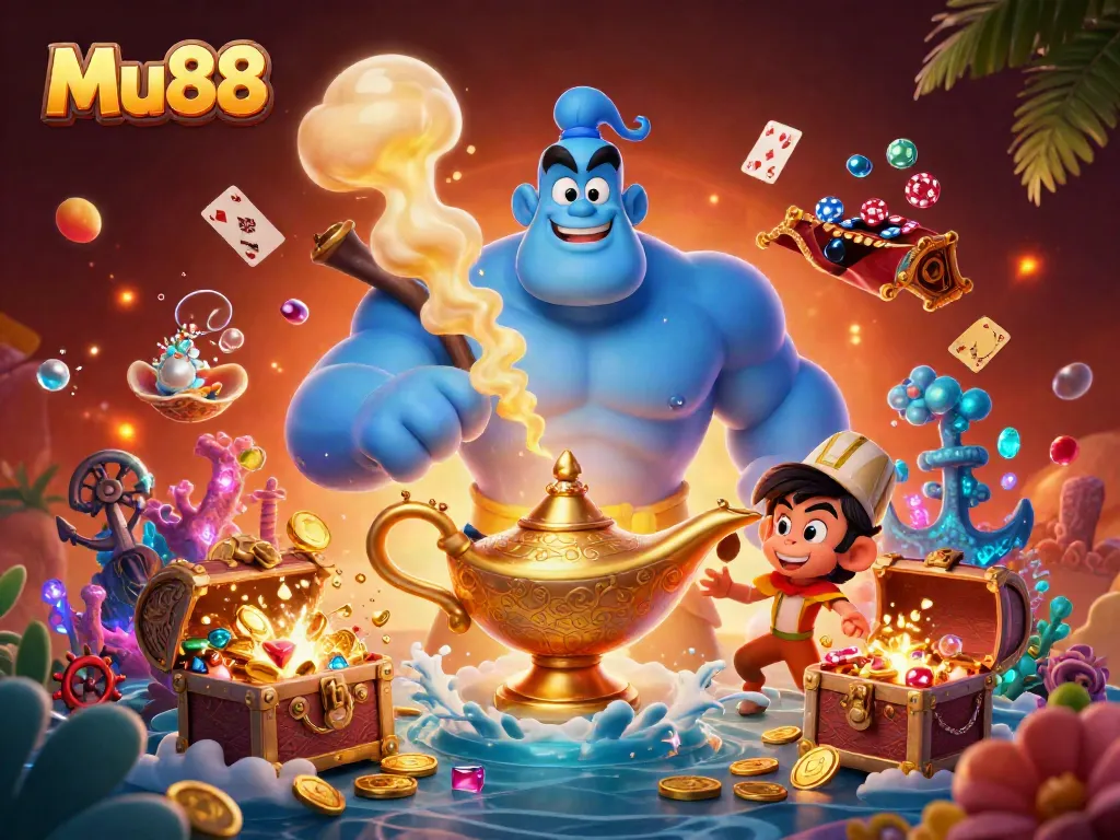 Experience thrilling excitement at Mu88 with a magical genie and poker chips in this vibrant illustration.
