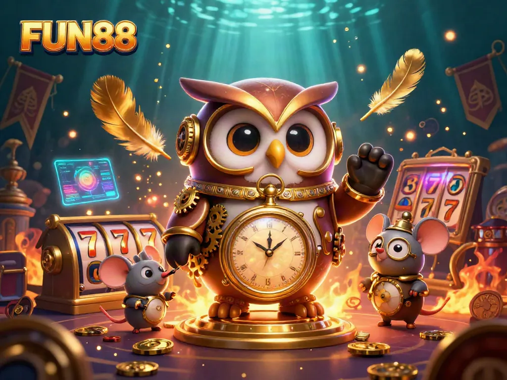Experience the excitement of FUN88 with a vibrant 3D casino scene featuring steampunk characters and dynamic game elements.