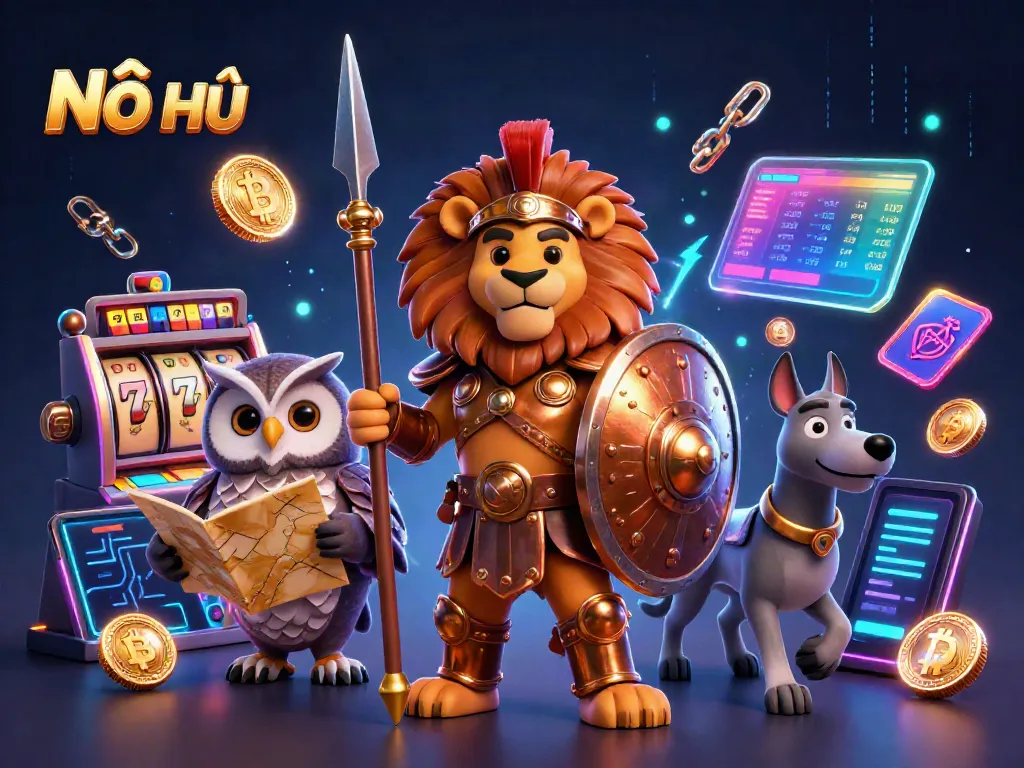 Experience the thrill of Nổ Hũ with a 3D Spartan lion and elements of vibrant jackpots and cryptocurrency.