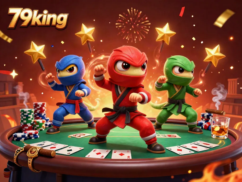 Synchronized martial arts chameleons with poker elements represent 79king's dynamic casino experience.