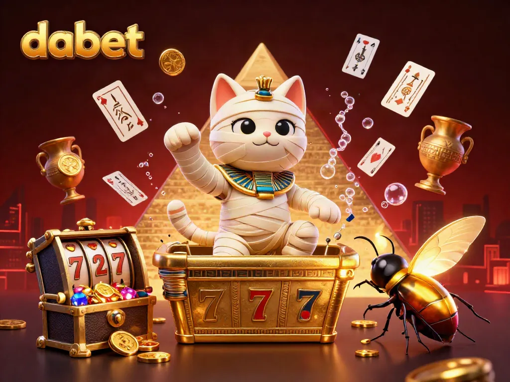 Dabet's vibrant pyramid casino showcases a mummy cat and scarab in action-packed gaming illustration.