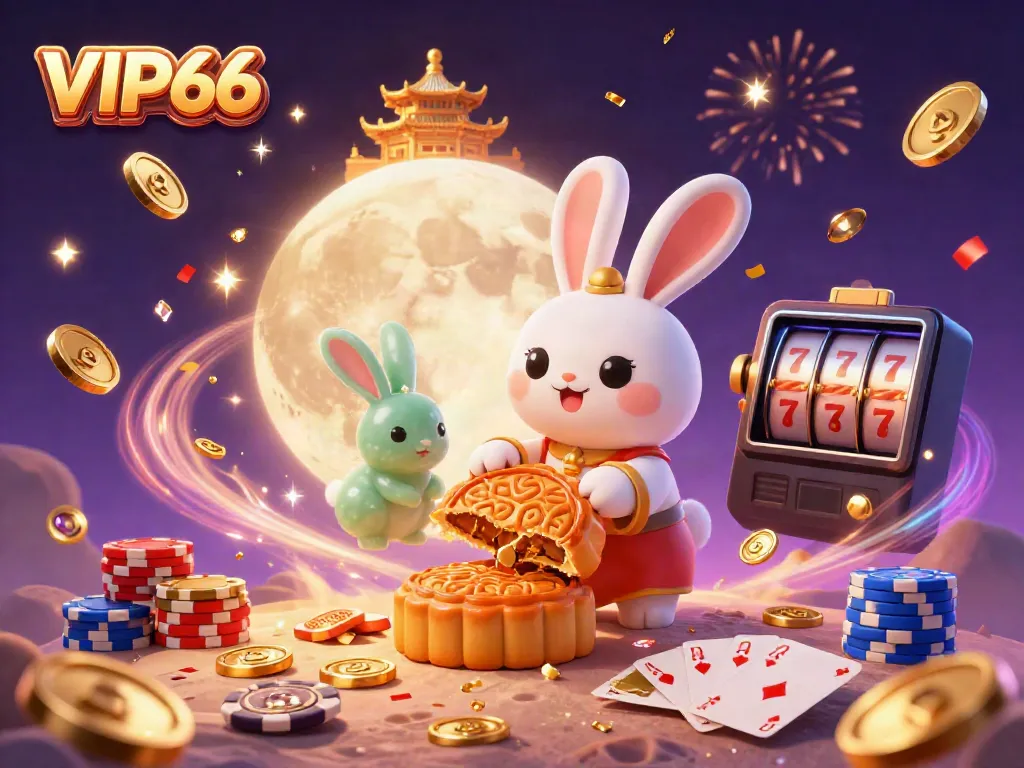 Engage in VIP66's lively casino atmosphere with a moon rabbit and poker chips amidst joyful celebrations.