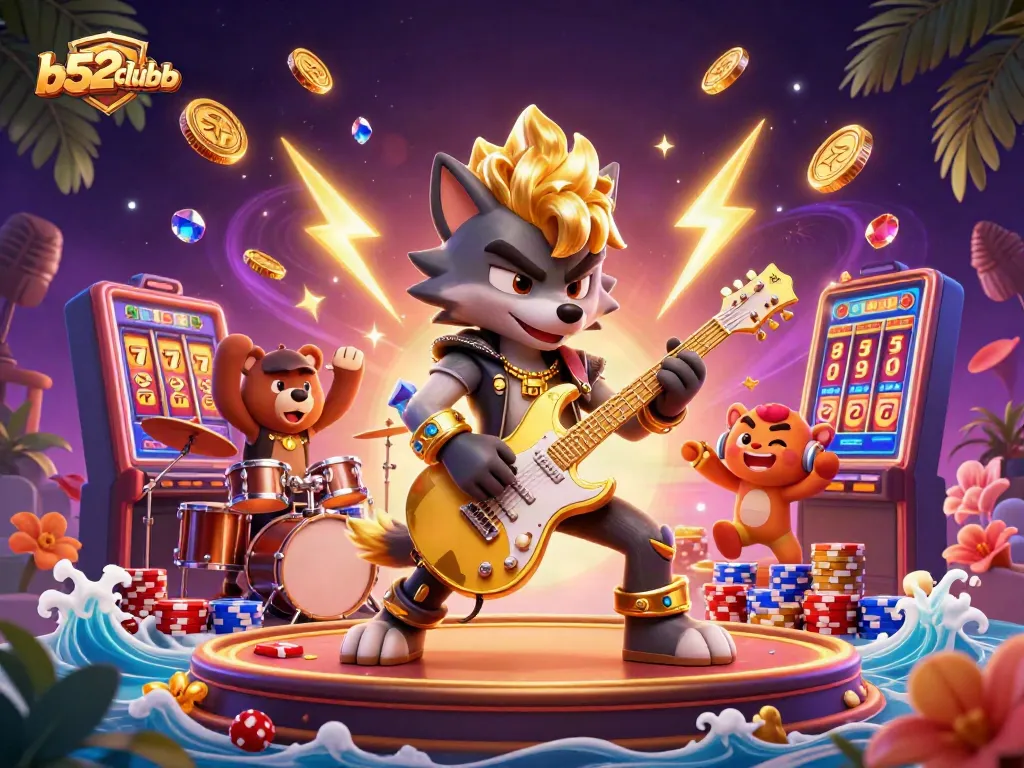 Engage in thrilling b52clubb games with a dazzling 3D illustration showcasing rock star characters, slot machines, and casino excitement.