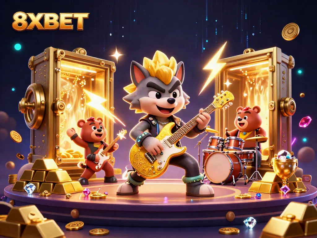 Rock star wolf performs at 8XBET casino, surrounded by dazzling treasures and wild energy.