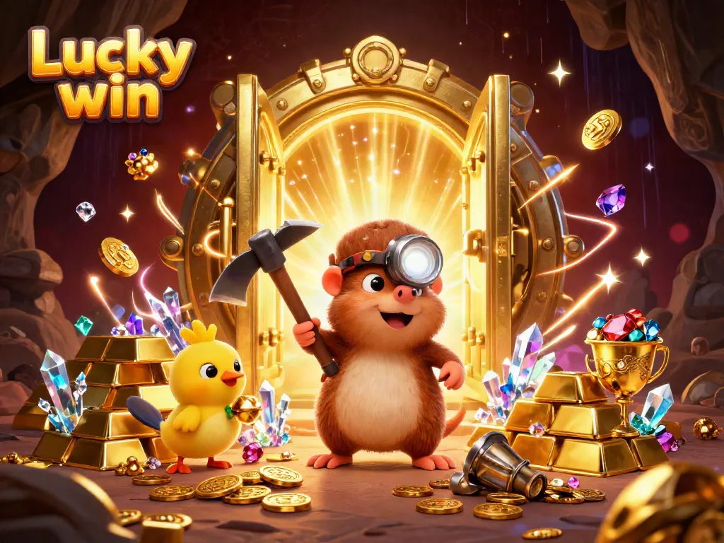 Experience the thrill of Lucky win with a vibrant treasure cave scene featuring a treasure hunter mole, sparkling gems, and gold!