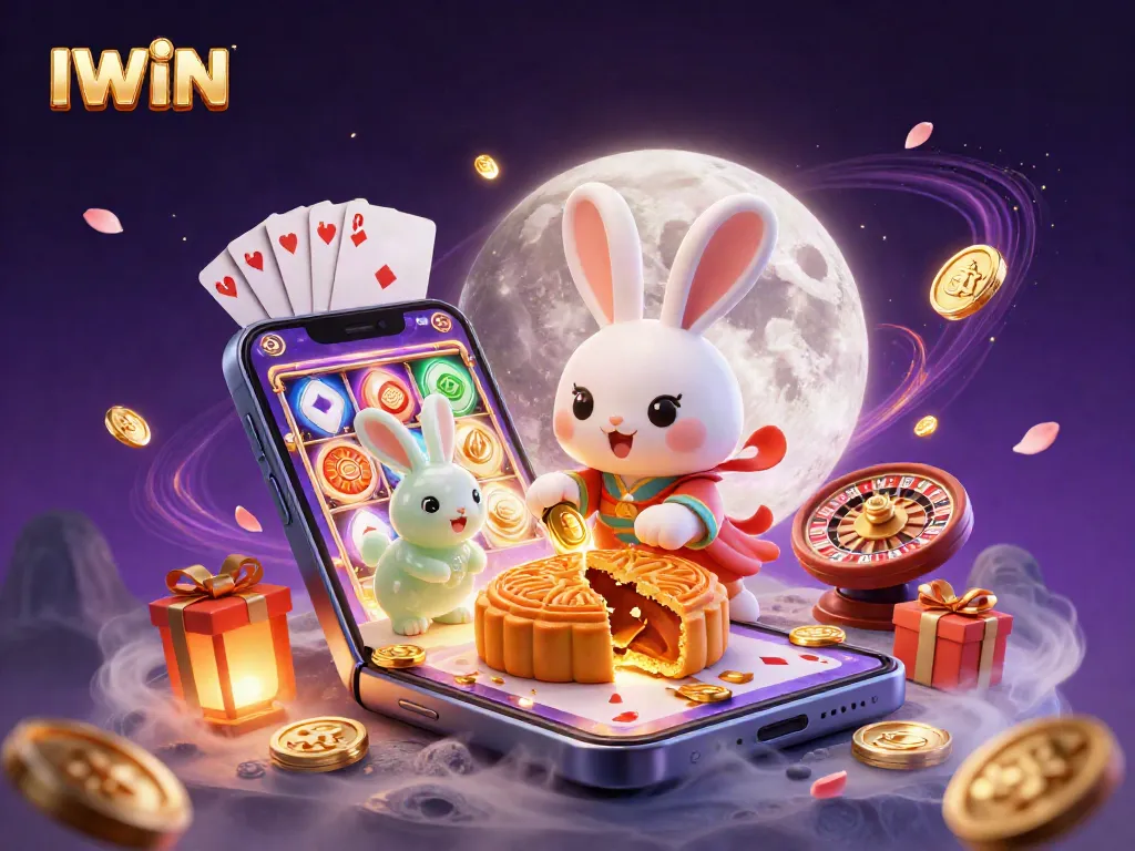 IWIN's moon rabbit thrives in a vibrant casino scene with golden chips and cheerful slot games.
