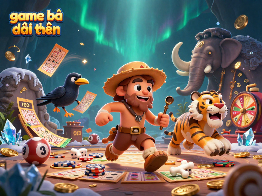 Play the exciting game bài đổi thưởng with a lively caveman and tiger duo in their unique casino.