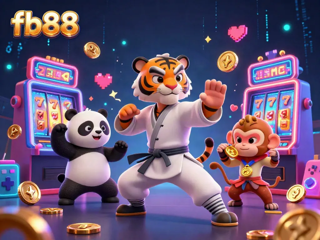 Engage with fb88's vibrant casino world featuring animated characters and slot machines.