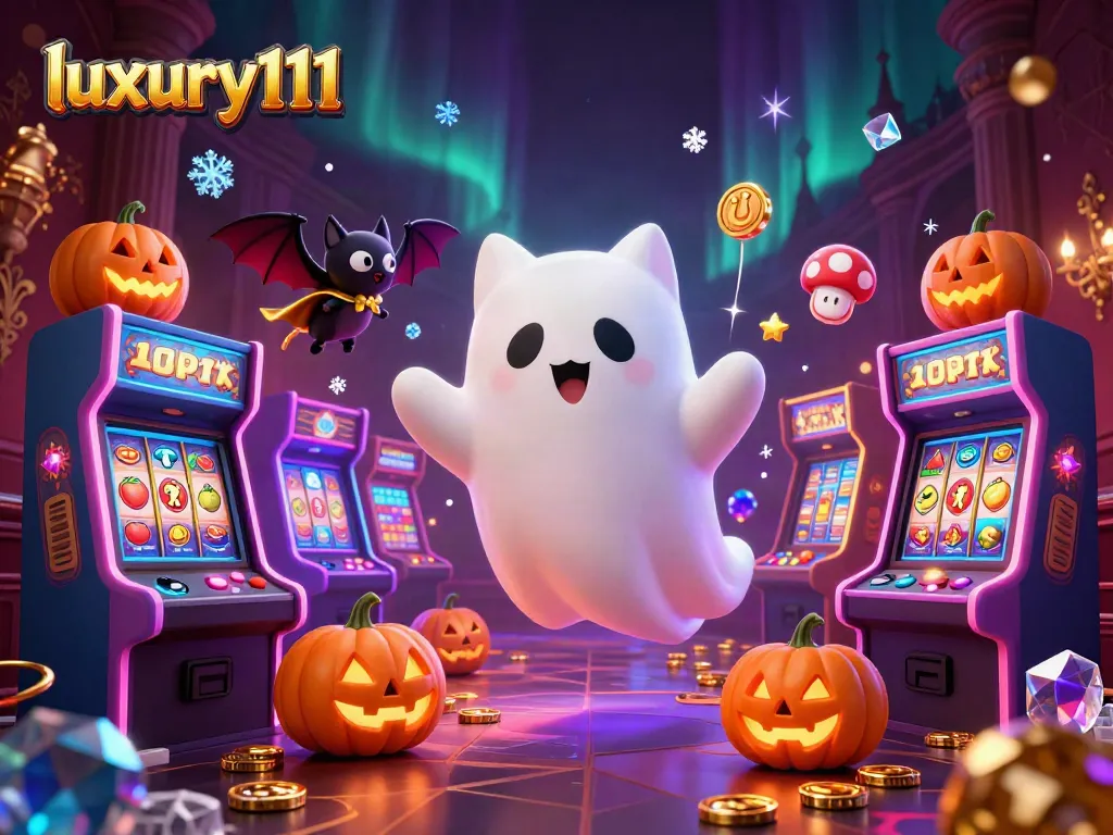 Engaging gaming atmosphere featuring luxury111 with a ghost cat, bat, and glowing gaming elements.