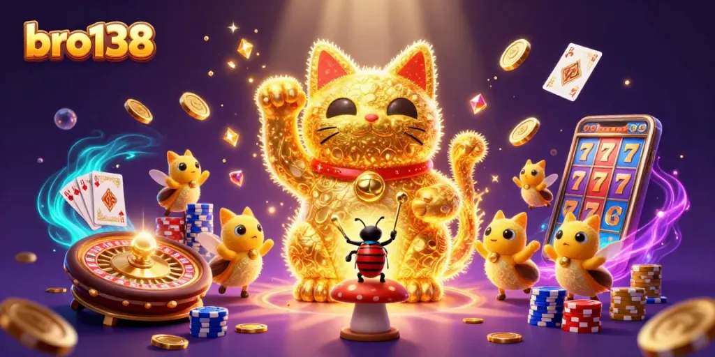 Spin the reels at bro138 with thrilling slots and vibrant casino symbols in a magical scene.