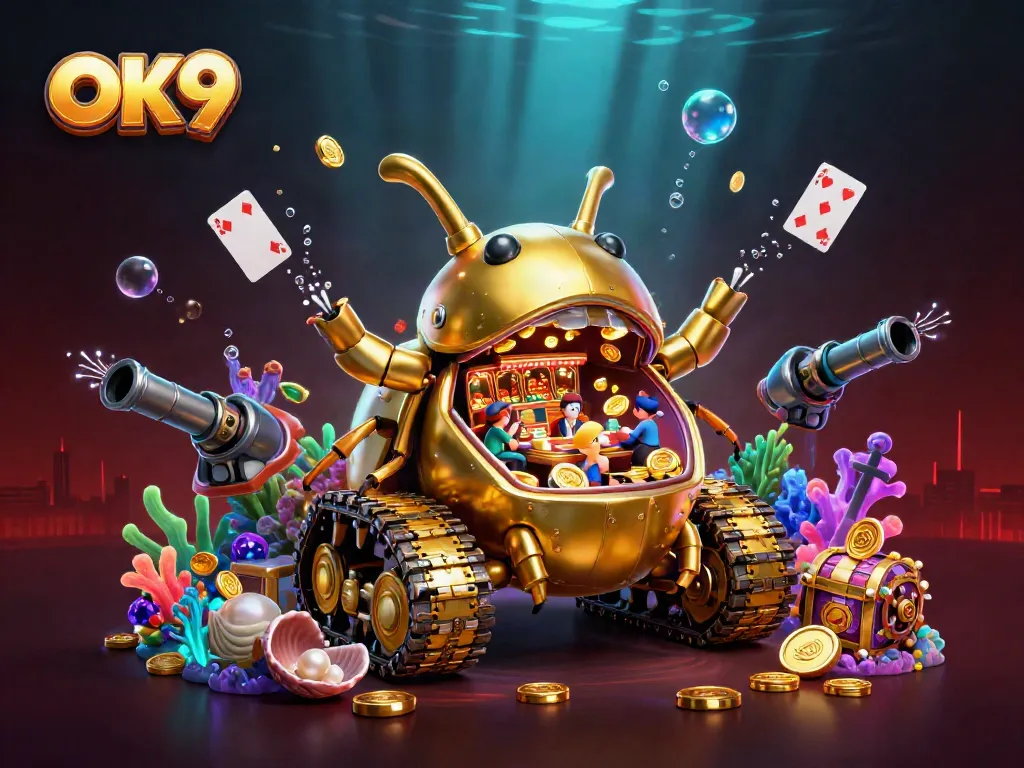 Experience the excitement of OK9 with a golden beetle tank revealing a vibrant casino scene amidst flowing treasures.