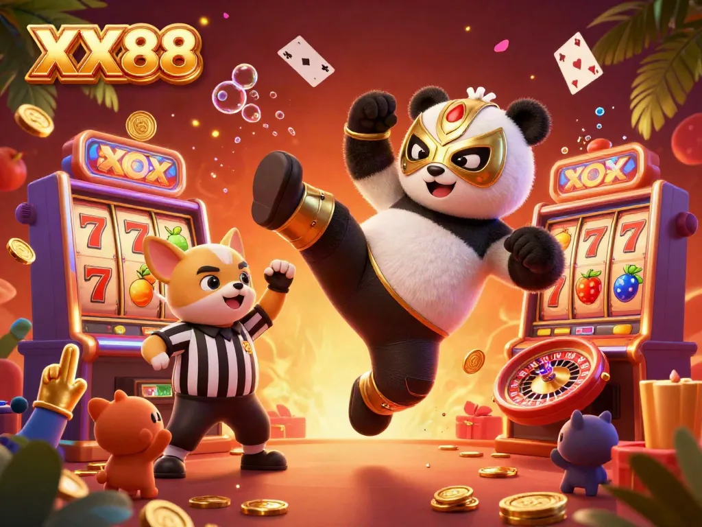 Play slots and enjoy the vibrant atmosphere at XX88 with a lively panda character in a colorful scene.