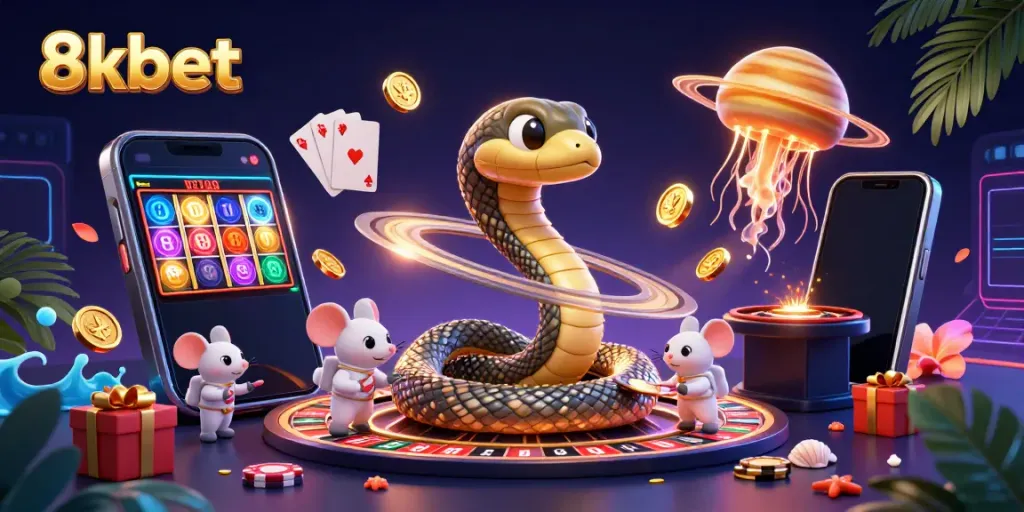 Engaging scene of 8kbet with Saturn ring snake as a roulette wheel and astronaut mice betting.