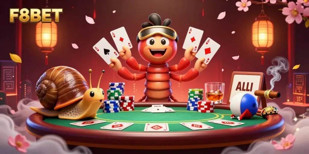 Experience the vibrant casino world at F8BET with a cartoon millipede dealer showcasing playing cards.