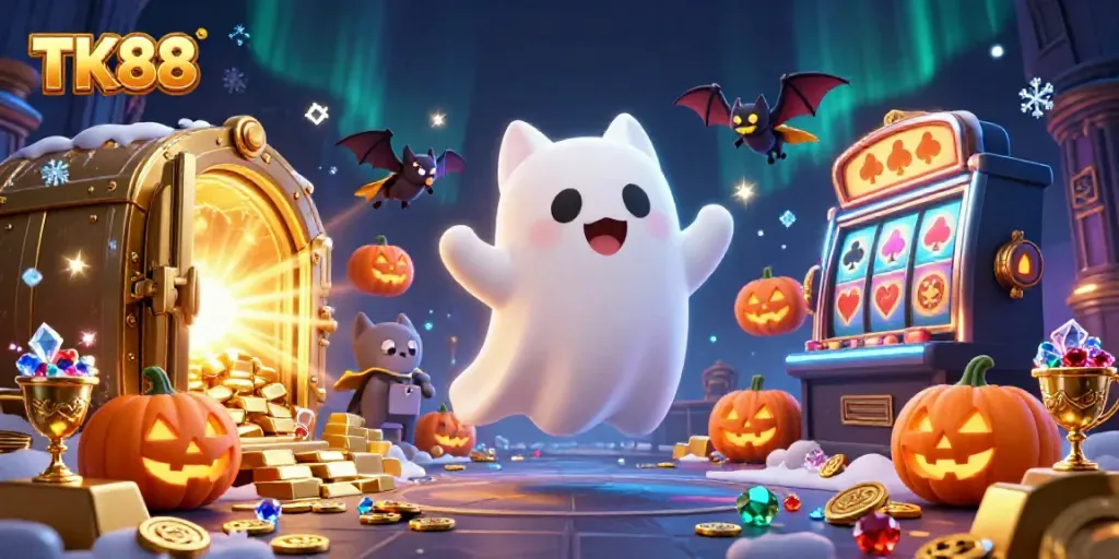 Experience TK88's thrilling casino atmosphere with a ghost cat, vampire bat, and glowing jack-o-lanterns.
