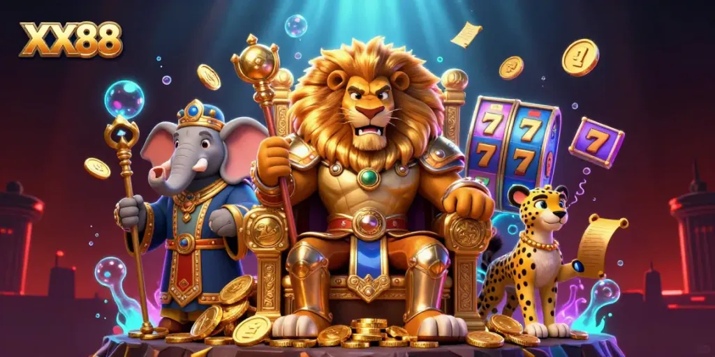 Engage in winning strategies with XX88's vibrant 3D casino scene featuring lions and golden elements.