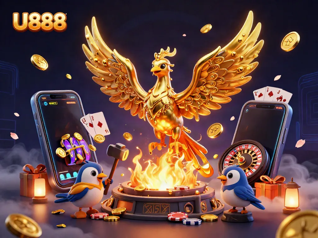 Engage with U888's immersive gaming scene featuring a molten golden phoenix and exciting casino elements.
